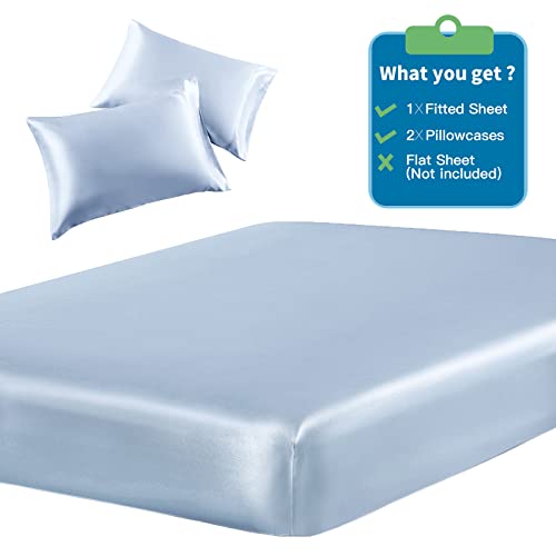 SiinvdaBZX 3-Piece Set Satin Twin Fitted Sheet & 2 Pillowcase, Baby Blue Silky Soft Fitted Bottom Sheet, Wrinkle Free, Fade Resistant, Deep Pocket Bed Sheet (Deep Up to 15") SiinvdaBZX
