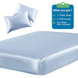 SiinvdaBZX 3-Piece Set Satin Twin Fitted Sheet & 2 Pillowcase, Baby Blue Silky Soft Fitted Bottom Sheet, Wrinkle Free, Fade Resistant, Deep Pocket Bed Sheet (Deep Up to 15") SiinvdaBZX