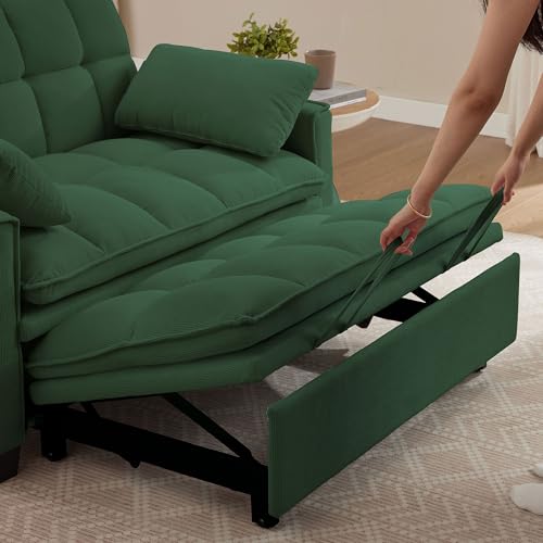 Portaforta Sleeper Sofa with Pull Out Couch Bed, 48" Convertible Pull-Out Sofa Bed Chair, 3-in-1 Futon Couch with Reclining Backrest and Side Pockets for Living Room Bedroom Apartment, Green Portaforta