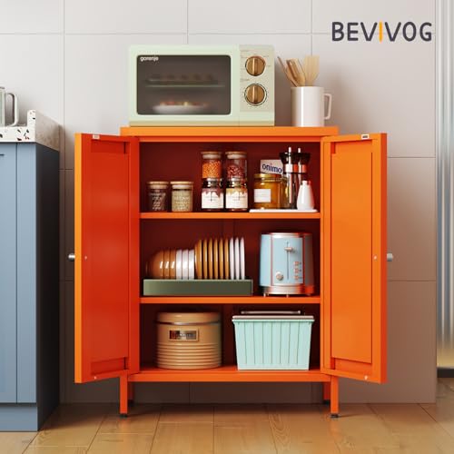 Bevivog Small Bathroom Storage Cabinet, Orange Metal Locker with 2 Doors and 2 Adjustable Shelves, Small Locker Cabinet Sideboard for Home Office, Living Room, Hallway, Entryway Bevivog