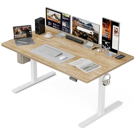 Grandder 55x32 Large Electric Standing Desk, Height Adjustable Computer Desk with 2 Memory Presets, 31.5" Deep Desktop Sit Stand Desk Home Office Desk Workstation Table with Hooks, Oak Grandder