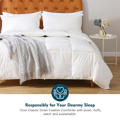 Oaken-Cat Feathers Down Comforter Twin - 100% Organic Cotton Quilted Medium Warm All Seasons Duvet Insert or Stand-Alone Comforter (68x90, Ivory White) Oaken-Cat