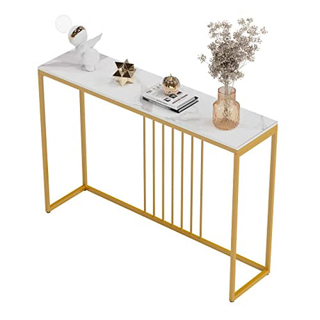 Wisfor Sintered Stone Console Table: White Entryway Table with Golden Frame - Modern Narrow Table Behind Sofa - Long Table for Hallway Foyer, 47.2x11.8x30.9 inch Wisfor