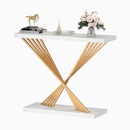 UNIQUITE 39.4 Inch Gold Console Table, White Faux Marble Modern Entryway Table Sofa Tables Behind The Couch for Entrance Hallway Living Room, X-Shape UNIQUITE