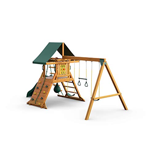 Gorilla Playsets 01-1059-AP High Point Wood Swing Set with Green Vinyl Canopy, Two Swings, Rock Climbing Wall, Slide, Amber - WoodArtSupply