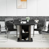 Extendable Black Round Conference Table for 4-8 People, 43in-59in Modern Oval Meeting Room Table with Storage, Fluted Wood Slide Doors, Small Compact, Office, Training, Conference Room Jluomei