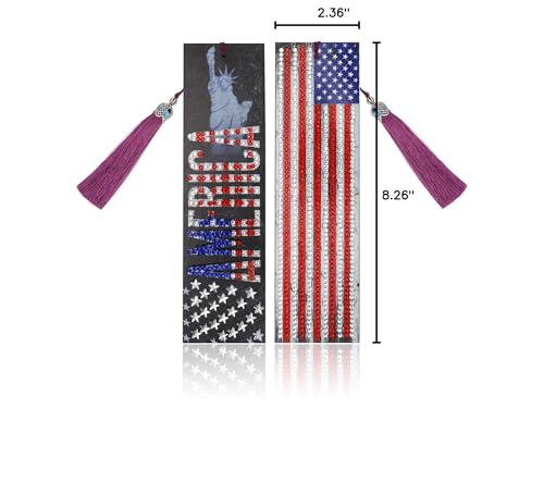 MWOOT 2 Pcs American Flag 5D Diamond Art Painting DIY Bookmarks, Marcadores Libro Pintura Diamantes Leather Tassel Bookmark, Statue of Liberty Beaded Book Marks for Independence Day July Fourth Gift MWOOT