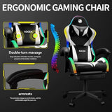 Gaming Chairs for Adults Tall and Kids，Lumbar Support,LED Lights，High Back Reclining Computer Chair with Headrest (Black+White) OHFILA