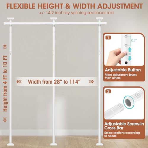 SUNALLY Room Divider No Drilling Curtain Rod Wall Divider for Room Separation, 4-10ft(H) 28-114inch(W) Adjustable, Heavy Duty Partition Space Separator Freestanding Tension Curtain Stand, White SUNALLY
