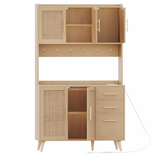 Rovaurx 70.9" Kitchen Pantry Cabinet with Microwave Shelf, Rattan Kitchen Hutch Cabinet with Charging Station, Tall Floor Cupboard Cabinet with Drawers and Doors, Natural KBG002ME Rovaurx