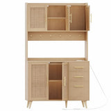 Rovaurx 70.9" Kitchen Pantry Cabinet with Microwave Shelf, Rattan Kitchen Hutch Cabinet with Charging Station, Tall Floor Cupboard Cabinet with Drawers and Doors, Natural KBG002ME Rovaurx