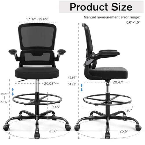 Ergonomic Drafting Chair with Footrest,Tall Office Chair for Standing Desk with Flip-up Armrests with Breathable Comfy Mesh Support and Adjustable Foot Rest Ring(Black) Alolo