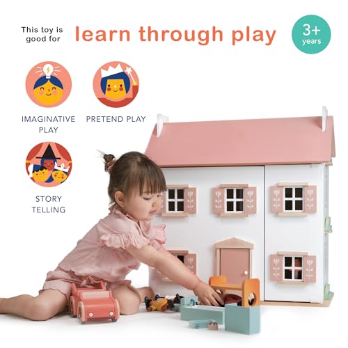 Mentari Clover Large Wooden Dollhouse - A Magical Playtime Palace with Swing-Open Panels - Elevating Playtime with Engaging Design, Interactive Features, and Limitless Pretend Play - Age 3Y and Up Mentari