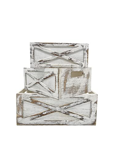 Admired By Nature Wooden Crates Storage Container, 3pc Farmhouse Style Decorative Baskets for Home Decor, Rustic Decor, Nesting Stackable Organizers, Distressed Wood Crates, Achromatic Barn Door White Admired By Nature