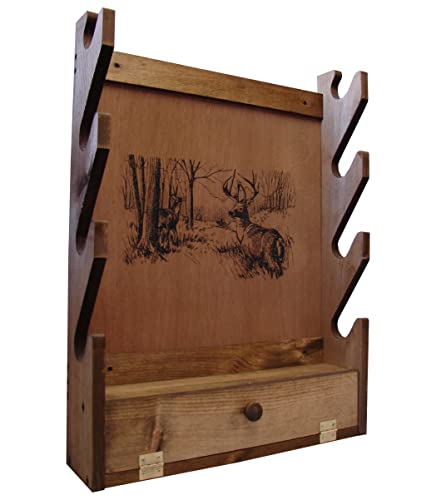 Evans Sports Four-Gun Fully Assembled Wall Mount Wooden Gun Display Rack with Cabinet Storage Compartment for Accessories - Deer Print Evans Sports