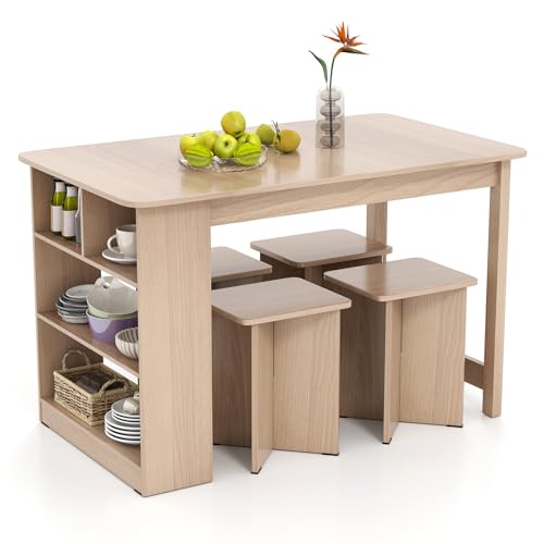 Giantex 5-Pieces Dining Table Set for 4, Kitchen Table Set with Side Storage Shelf, 4 Square Stools, Space-Saving Dining Furniture for Dinner, Dinette, Living Room, Apartment, Restaurant (Natural) Giantex