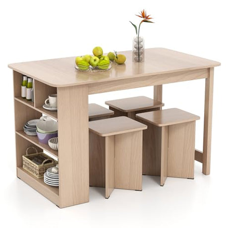 Giantex 5-Pieces Dining Table Set for 4, Kitchen Table Set with Side Storage Shelf, 4 Square Stools, Space-Saving Dining Furniture for Dinner, Dinette, Living Room, Apartment, Restaurant (Natural) Giantex