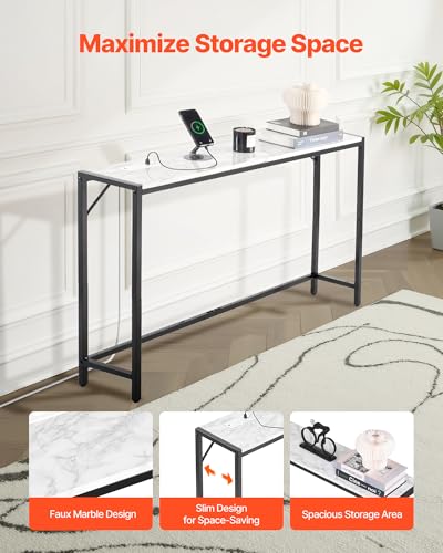 VEVOR Marble Console Table, Modern Narrow Long Console Table with Power Outlet, Thin Sofa Side Table with Iron Tubes, Anti-Tip Device and Triangular Support for Living Room, Hallway, Entryway, Foyer VEVOR