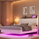 IDEALHOUSE King Floating Bed Frame with LED Lights & Charging Station, Upholstered Platform Bed with Storage Headboard, Wood Slats Support, No Box Spring Needed, Easy to Assemble, White IDEALHOUSE