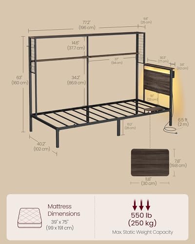 VASAGLE Twin Size Metal Bed Frame with Headboard, Multifunctional Storage, Built-in LED Lights, Charging Station, Bookshelf, Bedside Shelf, Space-Saving, No Box Spring Needed, Ash Brown URMB963K01 VASAGLE