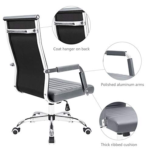 KaiMeng Ribbed Office Desk Mid Back Computer Chair Height Adjustable Conference Executive Task Swivel PU Leather (Grey)