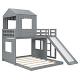 Harper & Bright Designs House Bunk Beds Twin Over Full Size, Wood Bunk Beds with Roof and Window (Grey, Twin Over Full (with Slide)) Harper & Bright Designs