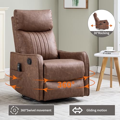 High Back Massage Recliner with Heat - Swivel Rocking Chair for Small Spaces, Manual Lazy Boy Recliner for Adults, Perfect for Living Room & Bedroom, Soft Fabric (Brown)