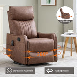 High Back Massage Recliner with Heat - Swivel Rocking Chair for Small Spaces, Manual Lazy Boy Recliner for Adults, Perfect for Living Room & Bedroom, Soft Fabric (Brown)