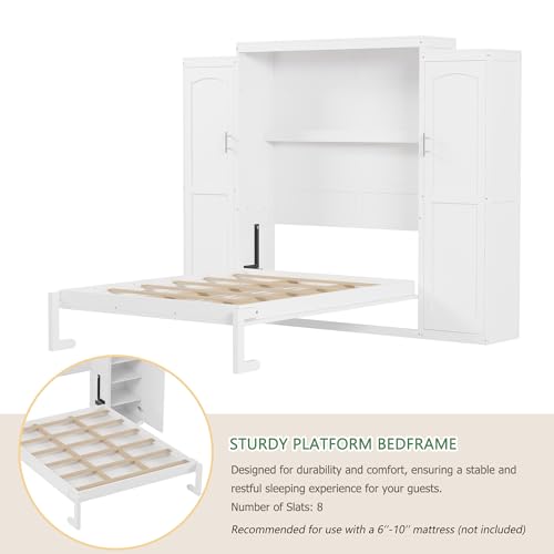 Polib Full Size Murphy Bed with Two Wardrobes and Storage Shelf, Space-Saving Wall Cabinet Bed with Foldable Platform Bedframe for Small Bedrooms, Guest Rooms and Apartments (White) Polibi