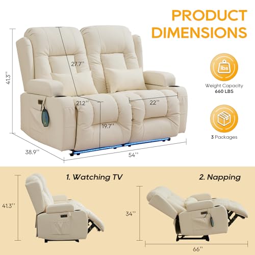 IPKIG Power Loveseat Recliner Sofa, Wall Hugger Reclining Chair with LED Lights, Side Pockets, Cup Holders, Massage & Heating, RV Recliners Couch Dual Sofa Reclinable, White