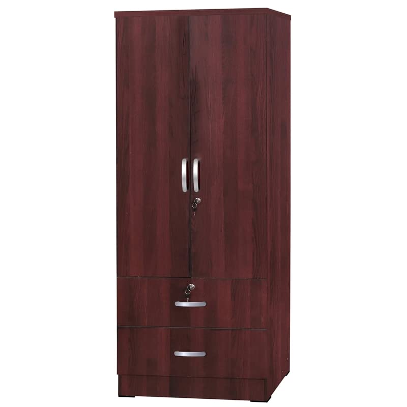 Pemberly Row 72" H Contemporary Engineered Wood Wardrobe Armoire with 2 Lockable Smooth Doors & 2 Full Size Drawers, Assembly Required, in Mahogany Finish Pemberly Row