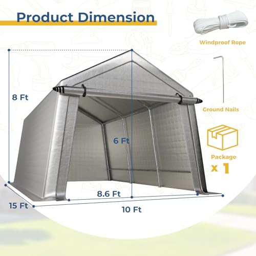 LINKHOO 10x15 FT Portable Garage Carport, Heavy-Duty Storage Shed with 220G Waterproof PE Tarp, Roll-Up Zipper Door & Vent, for Motorcycle, Bike, ATV, Tools, Outdoor Equipment, Gray LINKHOO