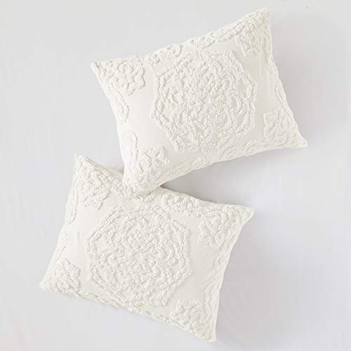 Madison Park Laetitia 100% Cotton Duvet Set-Chenille Tufted Medallion Design All Season Cozy Bedding Shabby Chic Comforter Cover, Matching Shams, Full/Queen (90 in x 90 in), Floral Off White Madison Park