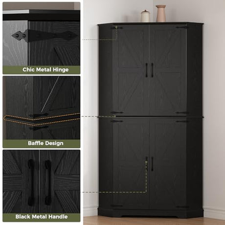 IRONCK Corner Cabinet, 72" Kitchen Pantry Cabinet, 6-Tier Freestanding Farmhouse Pantry with 2 Adjustable Shelves, 240°Swivel Doors, 2 Doors Storage, Spacious Hutch for Kitchen, Living Room, Black IRONCK