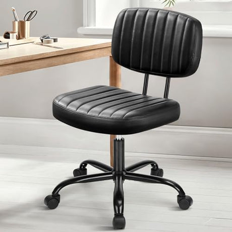 DUMOS Small Armless Home Desk Chair with Low Back Lumbar Support, Height Adjustable PU Leather Computer Task Chair with 360° Swivel Wheels, for Small Space, Kids and Adults, New Black DUMOS