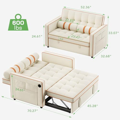 Marsail 3-in-1 Convertible Futon Sleeper Sofa Bed, Pull Out Couch with Adjustable Backrest, USB Charging & Side Pockets, Velvet Fabric Sofa Loveseat for Living Room, Apartment, Ivory White Marsail