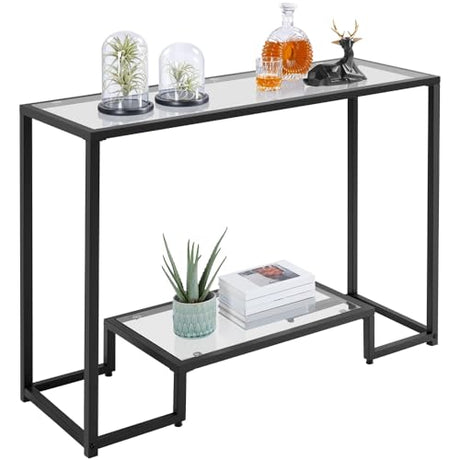 Yaheetech 42 Inch Console Table, Tempered Glass Entryway Table, 2-Tier Sofa Tables with Storage Shelves, Entrance Tables for Hallway Living Room, Black Yaheetech