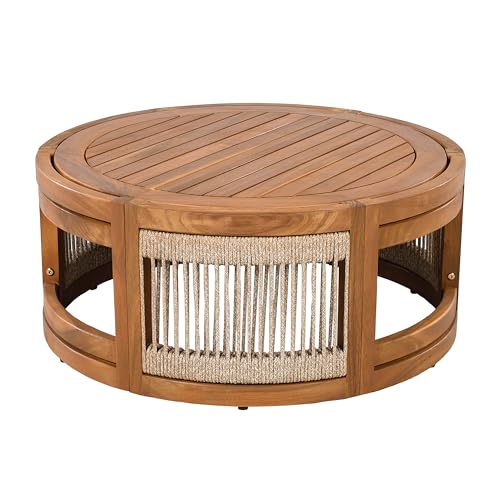 Merax 4-Piece Patio Premium Acacia Wood Outdoor Furniture Set,All Weather Curved Tub Design with Woven Rope Accents Loveseat Chairs and Table for Backyard, Balcony and Deck,Teak+ Beige Merax