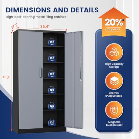 Yizosh Metal Storage Cabinet with Locking Doors and 5 Adjustable Shelves, 72" Garage Storage Cabinet Steel Lockable for Office,Home,Garage Yizosh