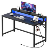 YATINEY 47.2" Computer Desk with Charging Station and LED Lights, Gaming Desk with Monitor Stand, 2-Tier Home Office Desk with 4 Side Hooks, for Living Room, Home Office, Black DN12UDBB YATINEY