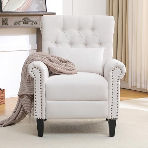 choairy Pushback Recliner Chair, Accent Push Back Chair with Adjustable Footrest, Upholstered Linen Fabric Reclining Sofa with Side Pocket, Comfy Modern Armchair for Living Room, Beige