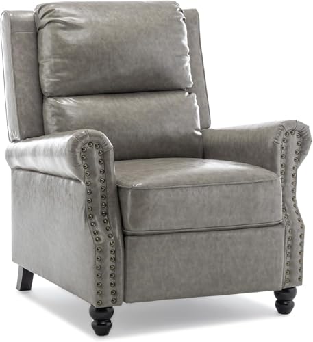 Pushback Recliner Chair, Faux Leather Wingback Recliner Chair, Upholstered Armchair Push Back Recliner with Wood Legs, Rivet Trim Single Sofa Accent Chair for Living Room, Bedroom, Gray Qatiby
