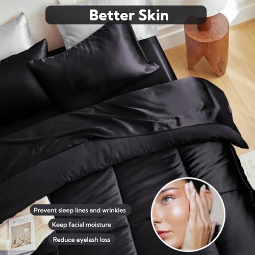 MR&HM Full Size Comforter Set Black, Reversible Satin Microfiber Comforter Set for All Seasons, 3 Pieces Non-Slip Silky Soft Bedding Sets with 1 Comforter (82"x86") and 2 Pillowcases (20"x26") MR&HM