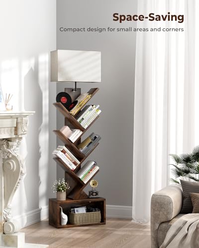 Evermagin Rustic Brown 6-Tier Tree Bookshelf with Adjustable Light – Stylish Book Organizer for Home & Office Evermagin