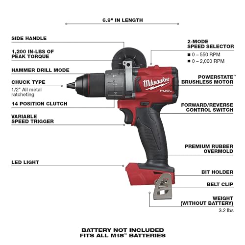 Milwaukee 2804-20 M18 FUEL 1/2 in. Hammer Drill (Tool Only) Tool-Peak Torque = 1,200 - WoodArtSupply