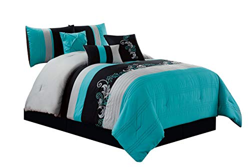 Chezmoi Collection Napa 7-Piece Luxury Leaves Scroll Embroidery Bedding Comforter Set (Full, Teal Blue/Gray/Black) Chezmoi Collection