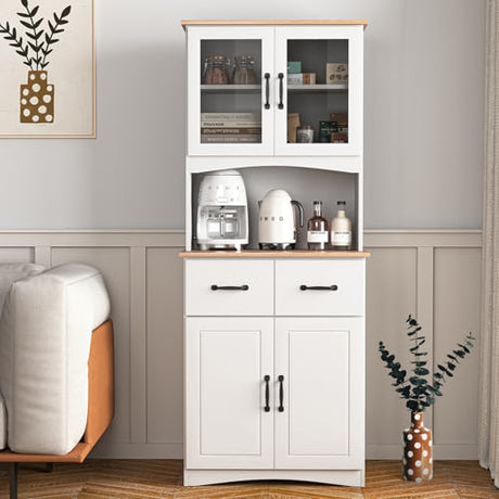 GORZING 67" Kitchen Pantry Cabinet with Glass Doors & Drawers, Adjustable Shelves, Anti-Tip, Space-Saving Microwave Stand for Small Kitchens GORZING