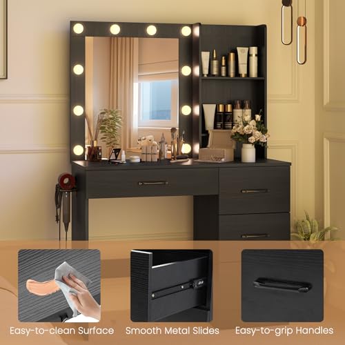 GOFLAME Makeup Vanity Desk with Lights, Modern Dressing Table with Charging Station, Hair Dryer Holder, 4 Large Drawers & 3-Tier Hutch, 3-Color Lights Adjustable, Black Vanity Table for Bedroom GOFLAME