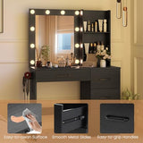 GOFLAME Makeup Vanity Desk with Lights, Modern Dressing Table with Charging Station, Hair Dryer Holder, 4 Large Drawers & 3-Tier Hutch, 3-Color Lights Adjustable, Black Vanity Table for Bedroom GOFLAME