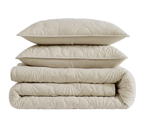 WDCOZY Coastal Beach Beige Twin Size Quilt Bedding Sets, Nautical Tropical Ocean Bedspread, Scallop Seashell Soft Coverlet, Lightweight Summer Thin Comforter for All Season WDCOZY